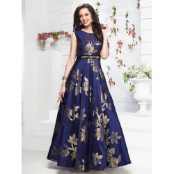 Royal Blue Jequard Silk Designer gown with Handwork